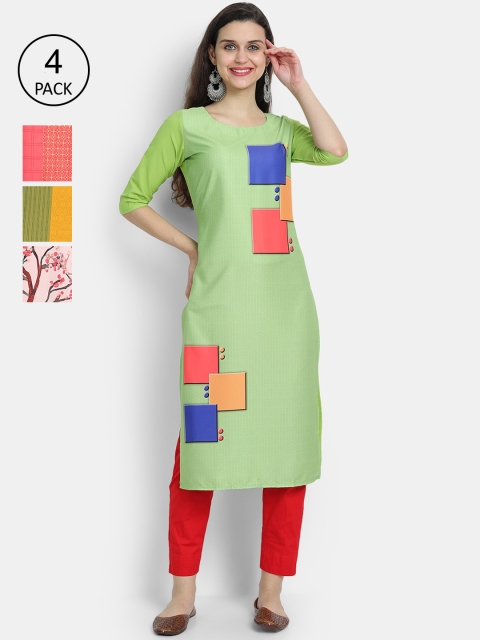 

Ethnic basket Women Pack Of 4 Printed Crepe Kurta, Green