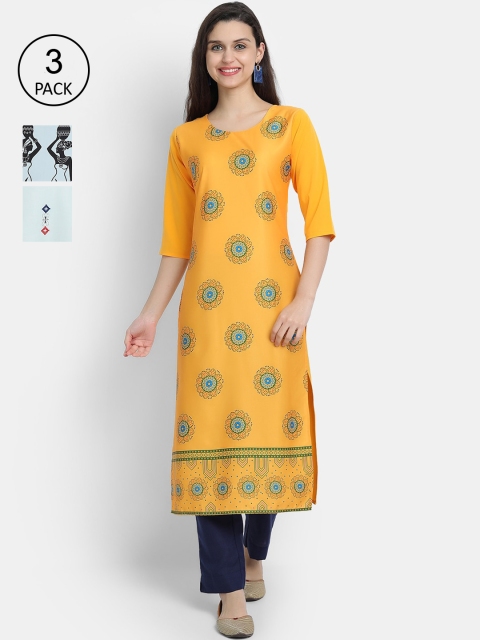 

Ethnic basket Women Pack of 3 Ethnic Motifs Printed Crepe Kurtas, Yellow