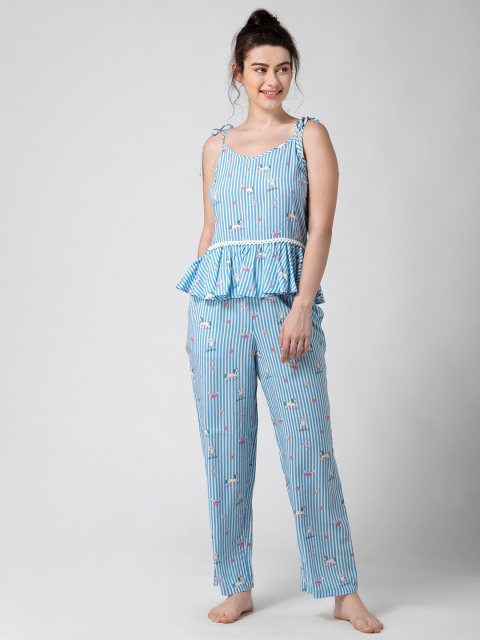 

ADORENITE Women White & Blue Unicorn Printed Night suit
