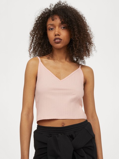 

H&M Women Pink Solid Cropped Jersey Strappy Top