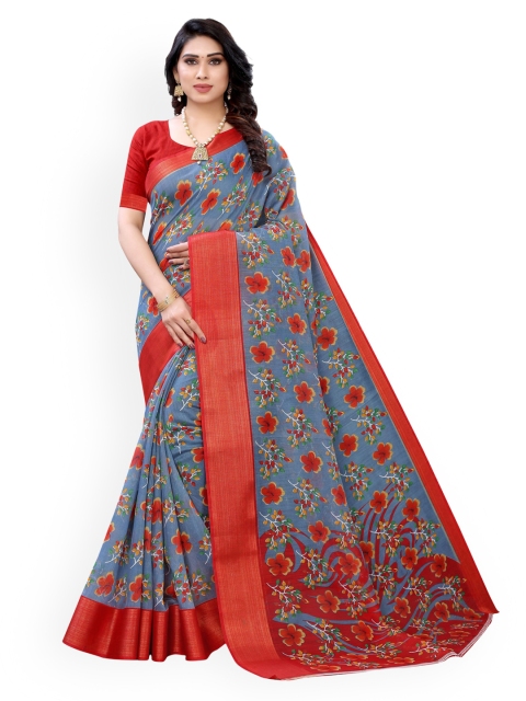 

KALINI Grey & Red Polycotton Printed Saree