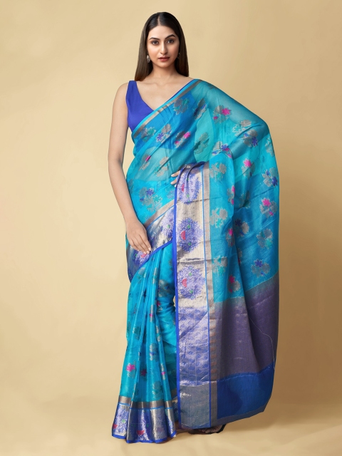 

Unnati Silks Blue Silk Cotton Woven Design Brocade Banarasi Saree