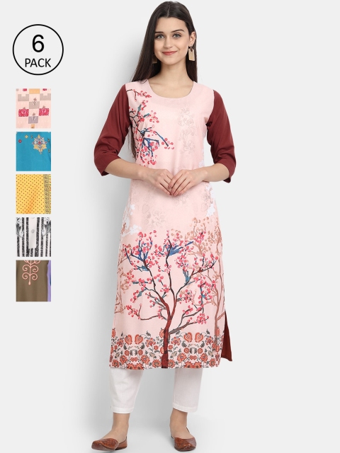 

Ethnic basket Women Pack Of 6 Printed Crepe Kurtas, Multi