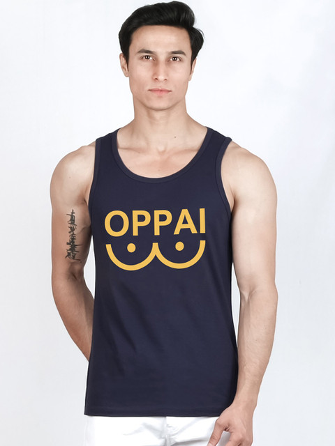 

ComicSense.xyz Men Navy Blue & Yellow Oppai Anime Printed Pure Cotton Tank Top Vest