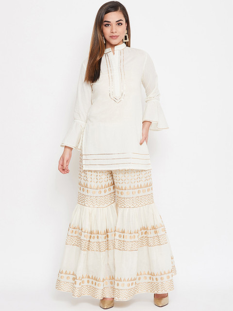 

TULIP 21 Women Off White Printed Regular Straight Pure Cotton Kurti with Sharara