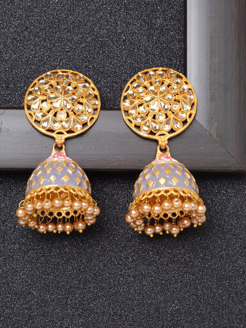 

Ibtida Grey Gold-Plated Stone Studded & Beaded Dome Shaped Enamelled Jhumkas