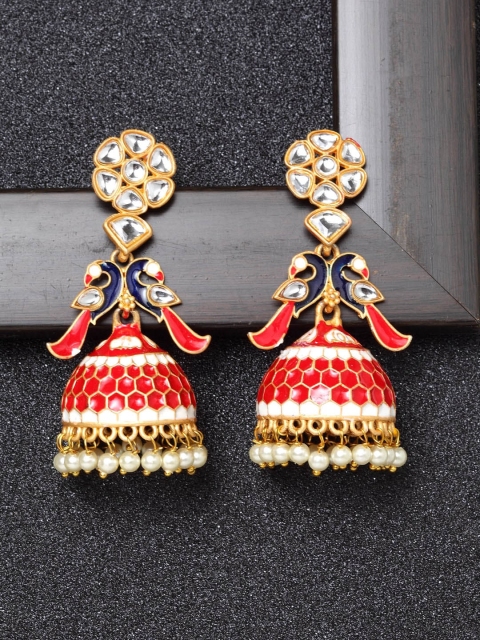 

Ibtida Red & White Gold-Plated Stone Studded & Beaded Dome Shaped Meeenakari Jhumkas