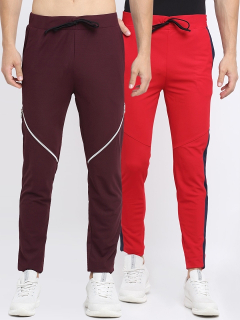 

NEUDIS Men Pack of 2 Red & Burgundy Solid Slim-Fit Track Pants