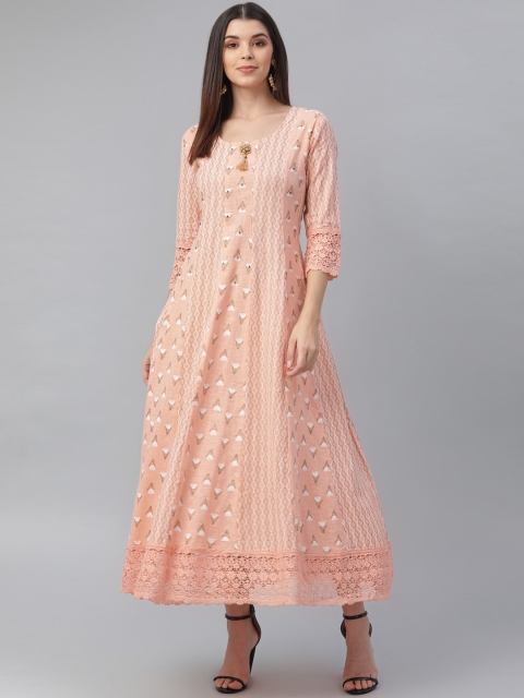 

nesara Women Peach-coloured & White Printed Anarkali Maxi Dress, Pink