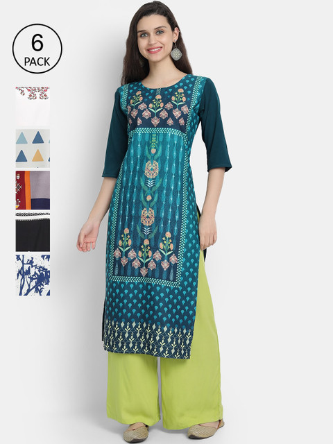 

Ethnic basket Women Pack of 6 Multicoloured Ethnic Motifs Printed Kurtas, Multi
