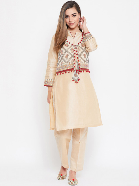 

TULIP 21 Women Beige Ethnic Motifs Embroidered Kurta Set
