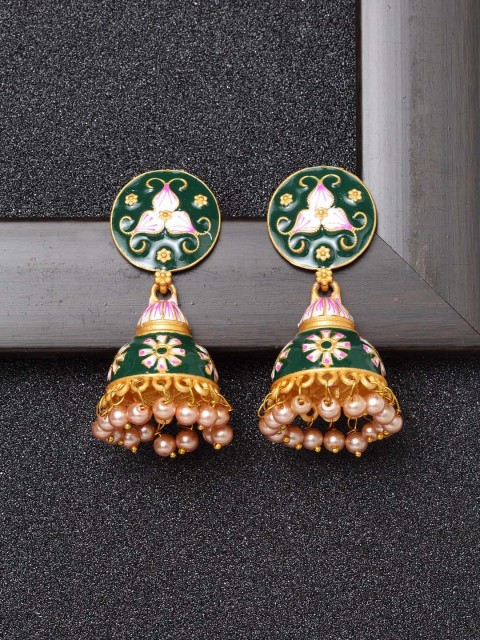 

Ibtida Green & Pink Gold-Plated Beaded Meenakari Dome Shaped Jhumkas