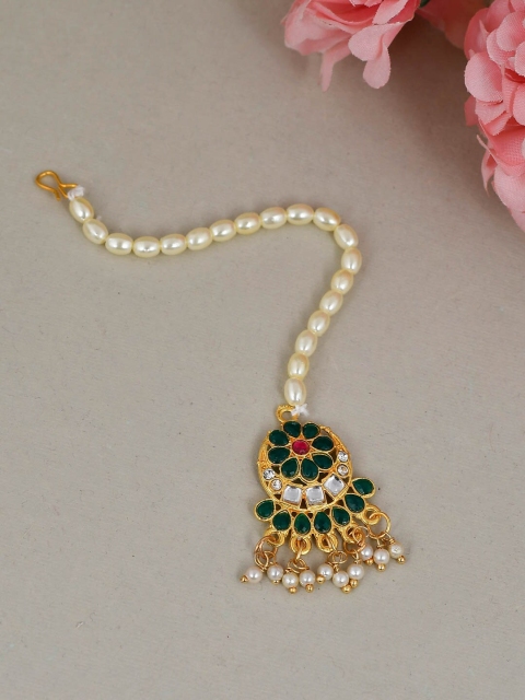 

Silvermerc Designs Gold-Plated Green Pearl & Kundan-Studded Maangtikka