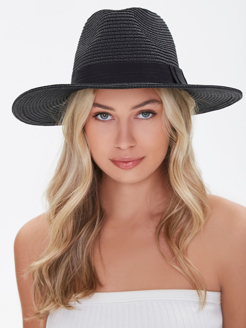

FOREVER 21 Women Black Straw Ribbon-Trim Fedora