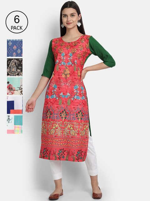 

Ethnic basket Women Pack Of 6 Printed Crepe Kurtas, Multi