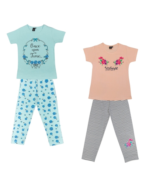 

Todd N Teen Girls Pack of 2 Blue & Peach-Coloured Printed Night Suits