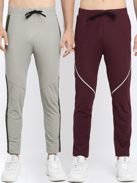 

NEUDIS Men Pack of 2 Olive Green & Burgundy Solid Structured Slim Track Pants