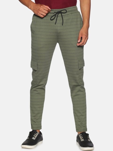 

Campus Sutra Men Olive-Green Striped Straight-Fit Track Pants