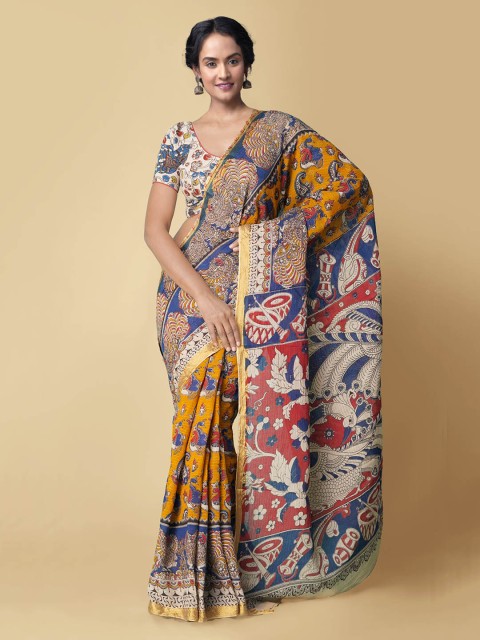 

Unnati Silks Navy Blue & Beige Pure Cotton Kalamkari Printed Block Print Saree