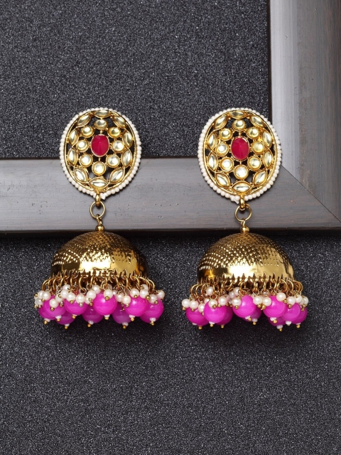 

Ibtida Pink Gold-Plated Stone-Studded & Beaded Handcrafted Jhumkas