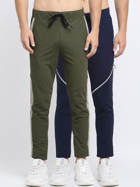 

NEUDIS Men Pack of 2 Olive Green & Navy Blue Solid Structured Slim-Fit Track Pants