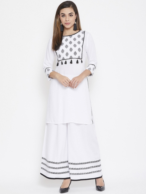 

TULIP 21 Women White Floral Yoke Design Regular Straight Kurta with Palazzos