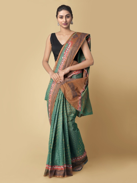 

Unnati Silks Green & Brown Pure Cotton Hand Block Printed Kota Saree