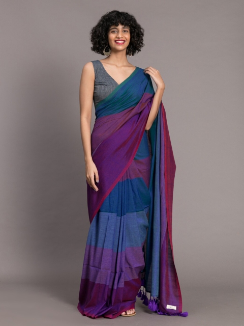 

Suta Purple & Blue Cotton Blend Colourblocked Saree