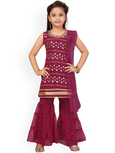 

Aarika Girls Purple Embroidered A-Line Sequinned Kurta with Sharara & Dupatta