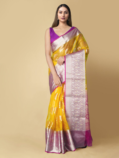 

Unnati Silks Yellow & Purple Silk Cotton Woven Design Handloom Banarasi Saree
