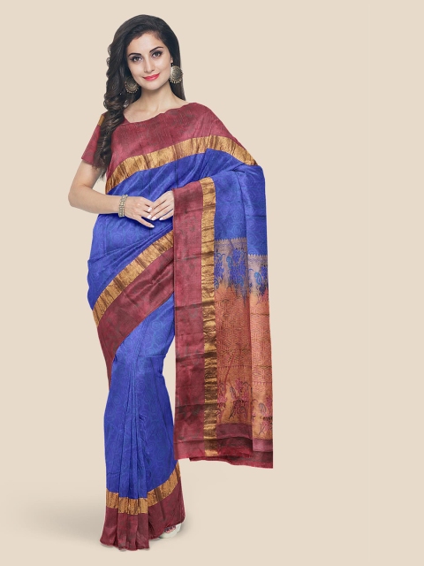 

Kalamandir Blue & Brown Silk Blend Woven Design Kanjeevaram Saree