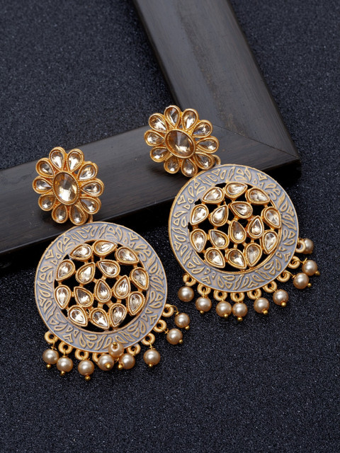 

Ibtida Grey Gold-Plated Stone Studded & Beaded Handcrafted Drop Earrings