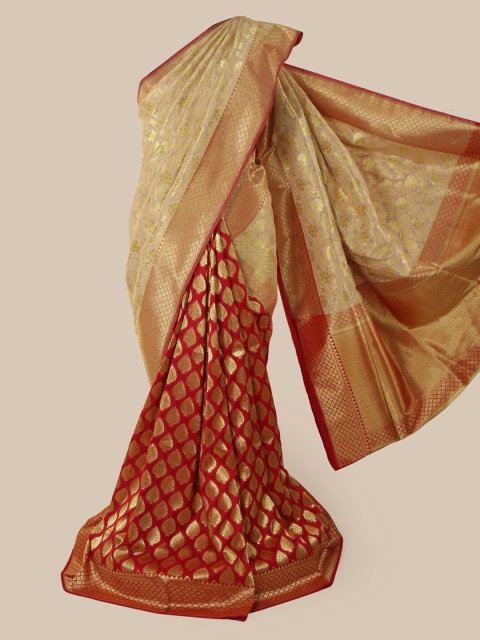 

Pothys Cream-Coloured & Maroon Pure Silk Woven Design Banarasi Saree