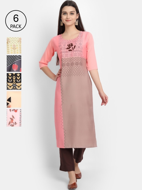 

Ethnic basket Women Pack of 6 Ethnic Motifs Printed Crepe Kurta, Pink
