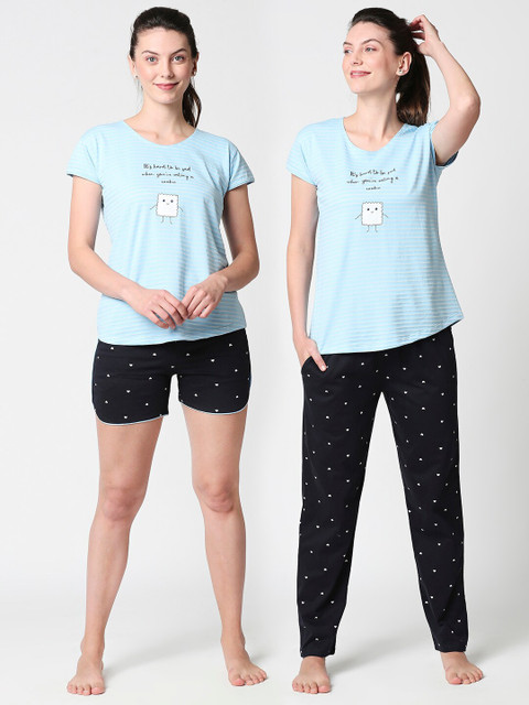 

Zeyo Women Blue & Black Printed Night suit