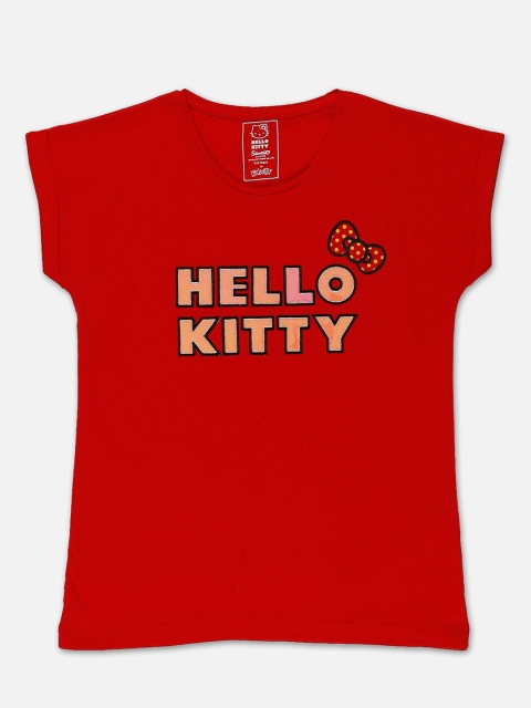 

Kids Ville Girls Red & Yellow Hello Kitty Appliqued Round Neck Cotton T-shirt