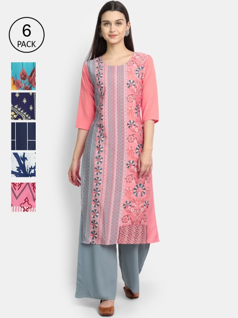 

Ethnic basket Women Pack Of 6 Printed Crepe Kurtas, Multi