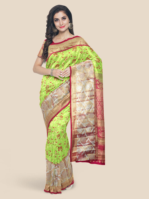 

KLM Fashion Mall Green & Red Silk Blend Printed Kanjeevaram Saree