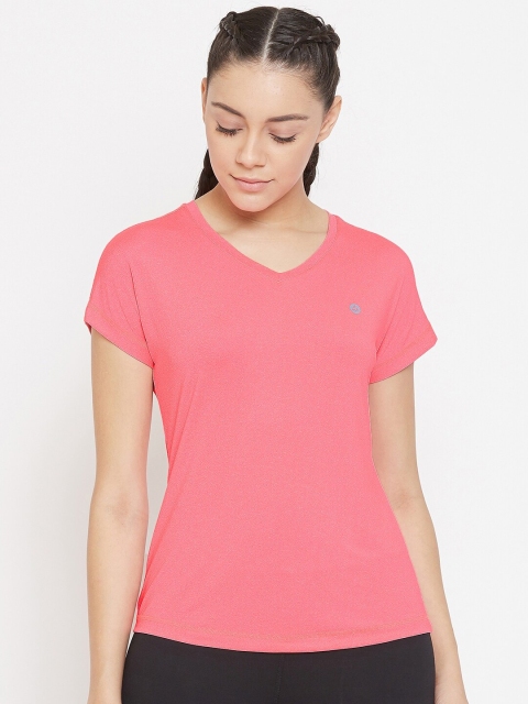 

ATHLISIS Women Coral Pink Solid Lightweight Quick Dry V-Neck Running T-shirt