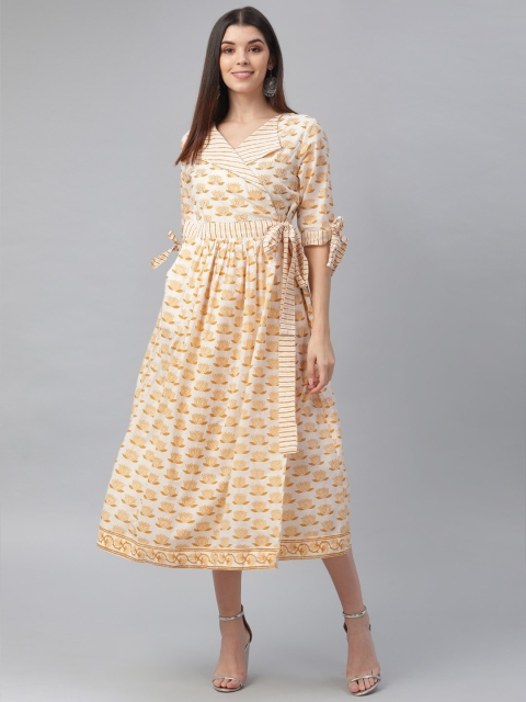 

nesara Women Yellow & Cream-Coloured Printed Wrap Midi Dress With Tie-Ups