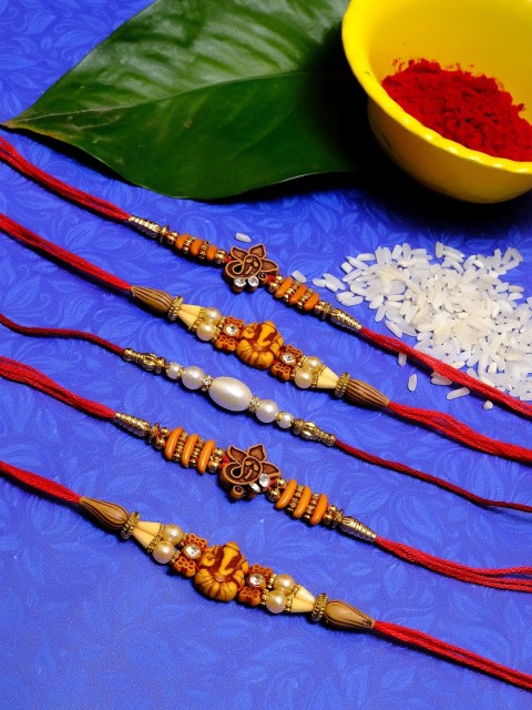 

Crunchy Fashion Men Set of 5 Red & White Stone-Studded Beaded Rakhi