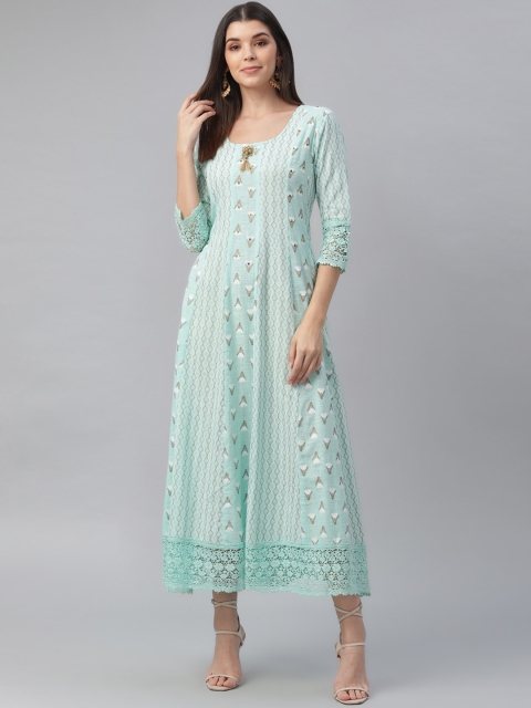 

nesara Women Blue & White Printed Anarkali Maxi Dress