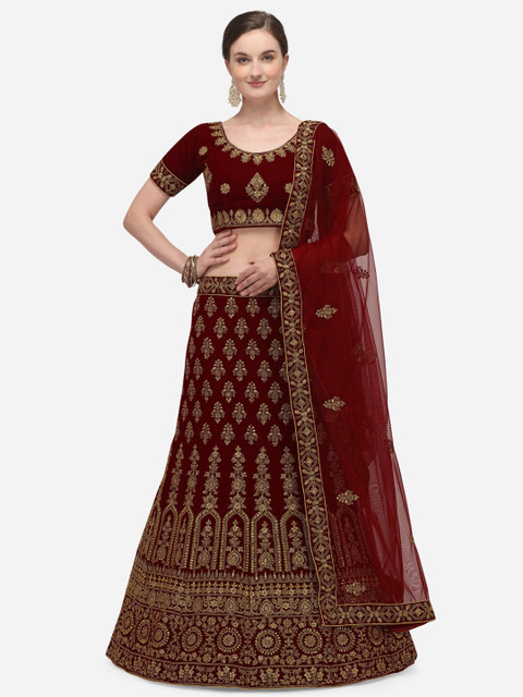 

Netram Maroon & Gold-Toned Embroidered Semi-Stitched Lehenga & Unstitched Blouse with Dupatta