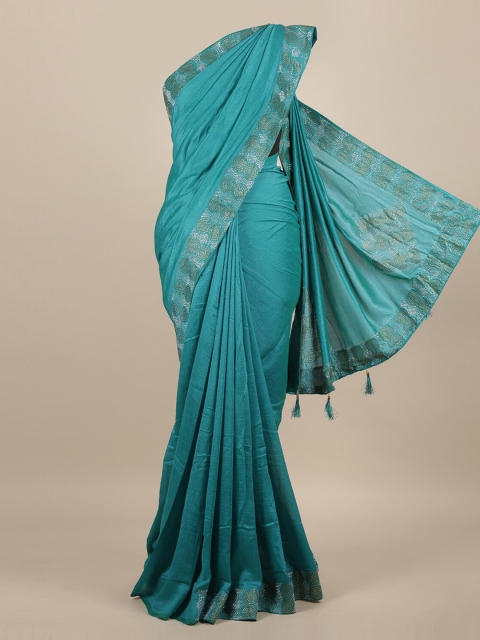 

Pothys Turquoise Blue Solid Jute Silk Saree With Embellished Border