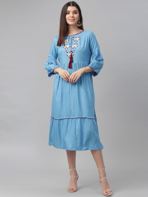 

nesara Women Blue & Red Embroidered Tiered A-Line Midi Dress