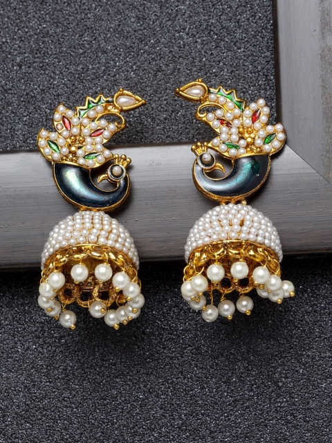 

Ibtida White & Black Gold-Plated Beaded Dome Shaped Jhumkas