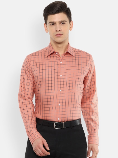 

Van Heusen Men Peach-Coloured & Navy Blue Regular Fit Checked Cotton Formal Shirt