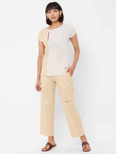 

ZOLA Women Yellow & White Striped Cotton Top with Trousers