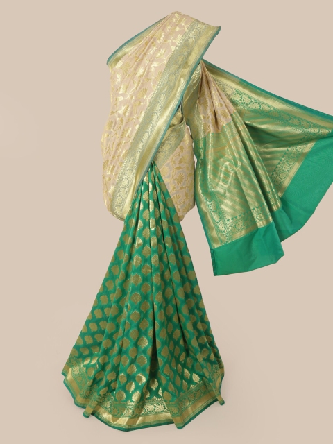 Pothys Cream-Coloured & Green Pure Silk Woven Design Banarasi Saree