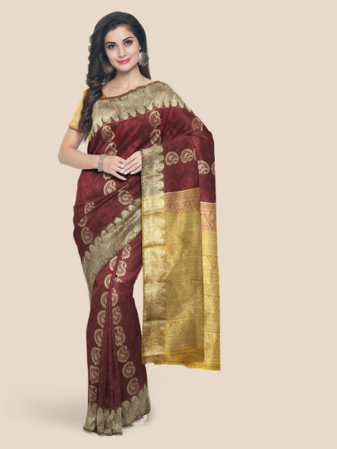 

Kalamandir Maroon Silk Blend Woven Design Kanjeevaram Saree